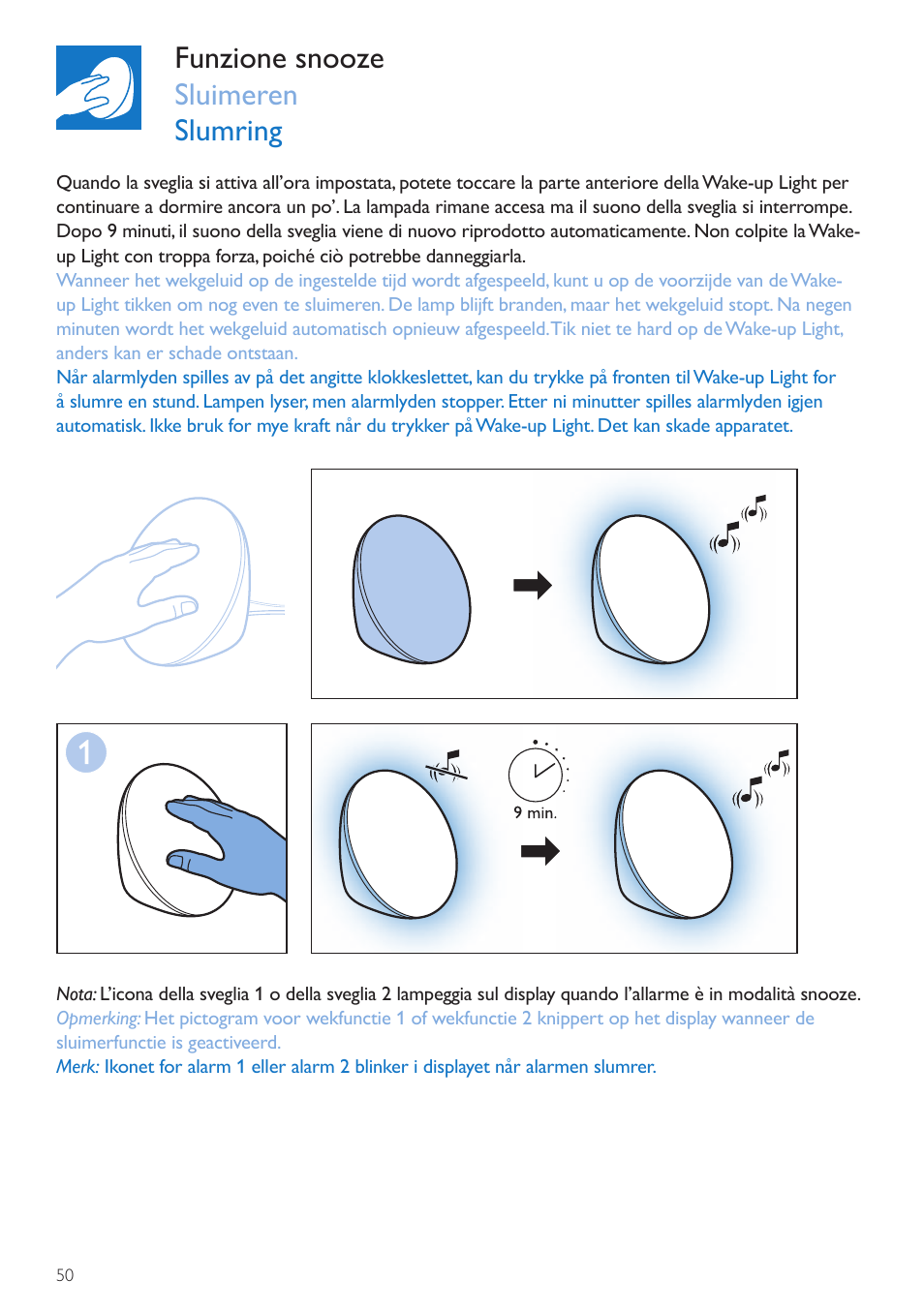 Funzione snooze sluimeren slumring | Philips Wake-up Light User Manual | Page 50 / 76