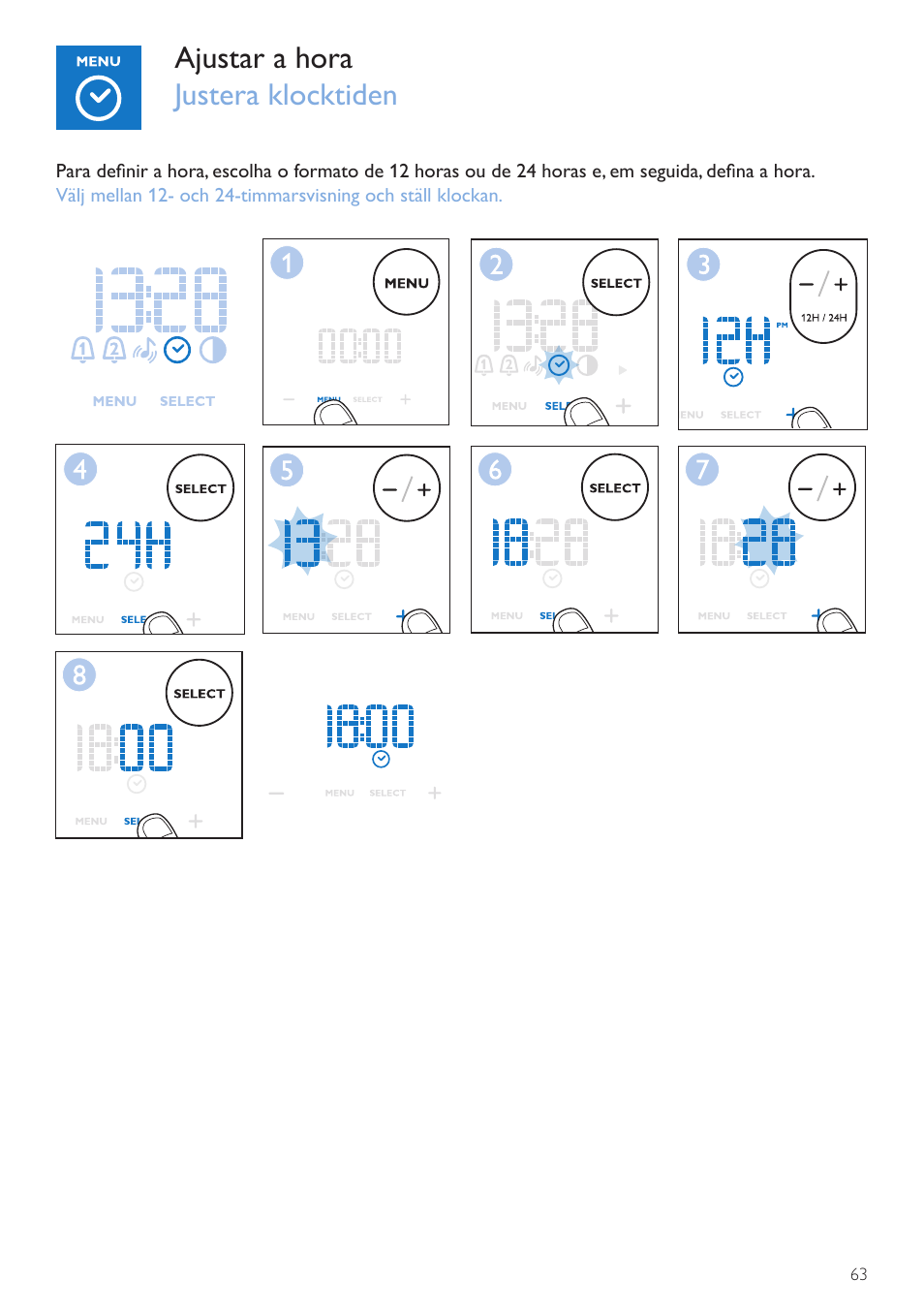 Ajustar a hora justera klocktiden | Philips Wake-up Light User Manual | Page 63 / 76