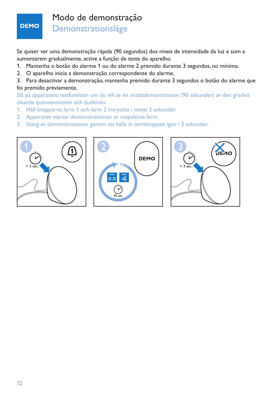 Modo de demonstração demonstrationsläge | Philips Wake-up Light User Manual | Page 72 / 76