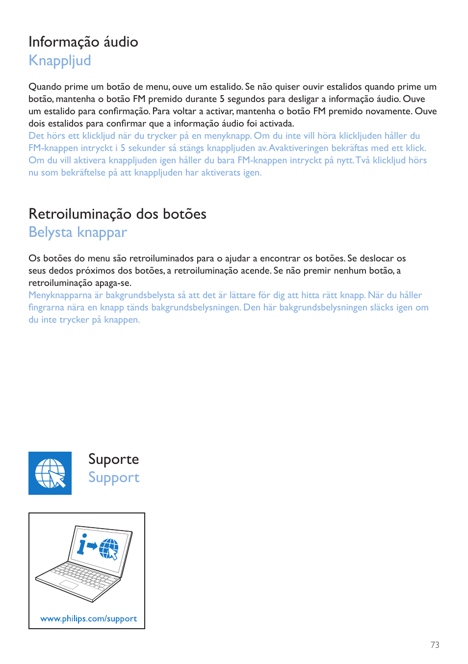 Informação áudio knappljud, Retroiluminação dos botões belysta knappar, Suporte support | Philips Wake-up Light User Manual | Page 73 / 76