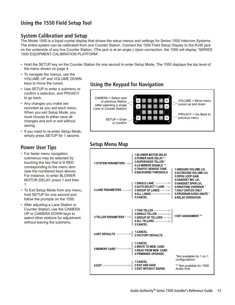 Power user tips, Setup menu map using the keypad for navigation | Audio Authority Series 1500 User Manual | Page 13 / 16