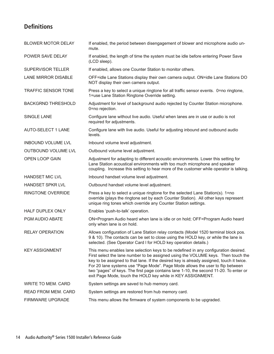 Definitions | Audio Authority Series 1500 User Manual | Page 14 / 16