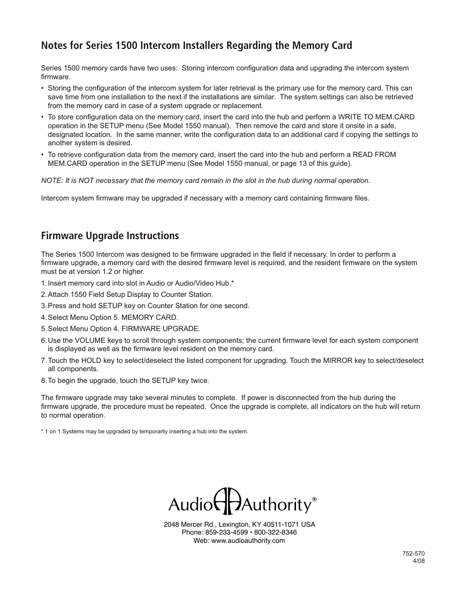 Firmware upgrade instructions | Audio Authority Series 1500 User Manual | Page 16 / 16