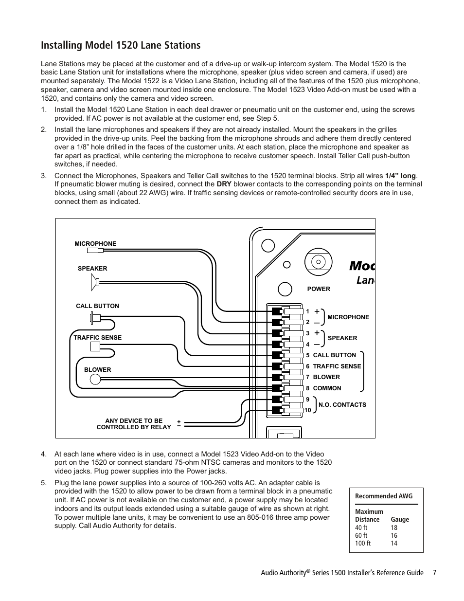 Installing model 1520 lane stations | Audio Authority Series 1500 User Manual | Page 7 / 16