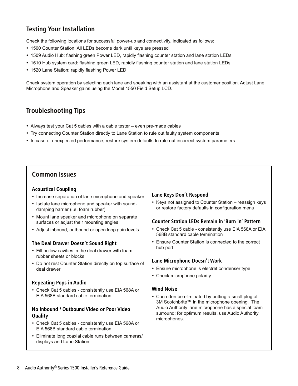 Testing your installation, Troubleshooting tips, Common issues | Audio Authority Series 1500 User Manual | Page 8 / 16