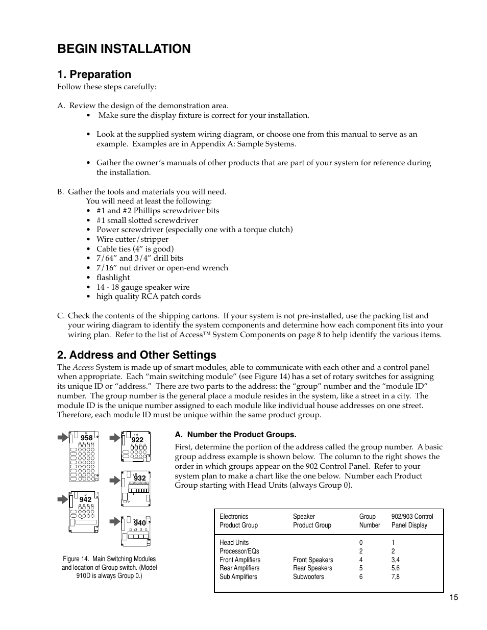 Begin installation, Preparation, Address and other settings | Audio Authority Car Audio System User Manual | Page 15 / 55