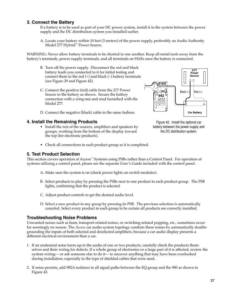 Connect the battery, Install the remaining products, Test product selection | Troubleshooting noise problems | Audio Authority Car Audio System User Manual | Page 37 / 55