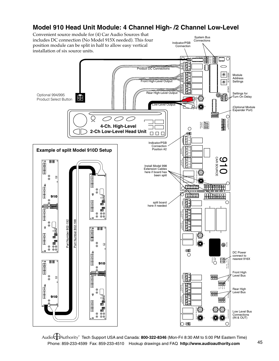 Ch. high-level 2-ch low-level head unit, Example of split model 910d setup, Car source | Front high-level output | Audio Authority Car Audio System User Manual | Page 45 / 55