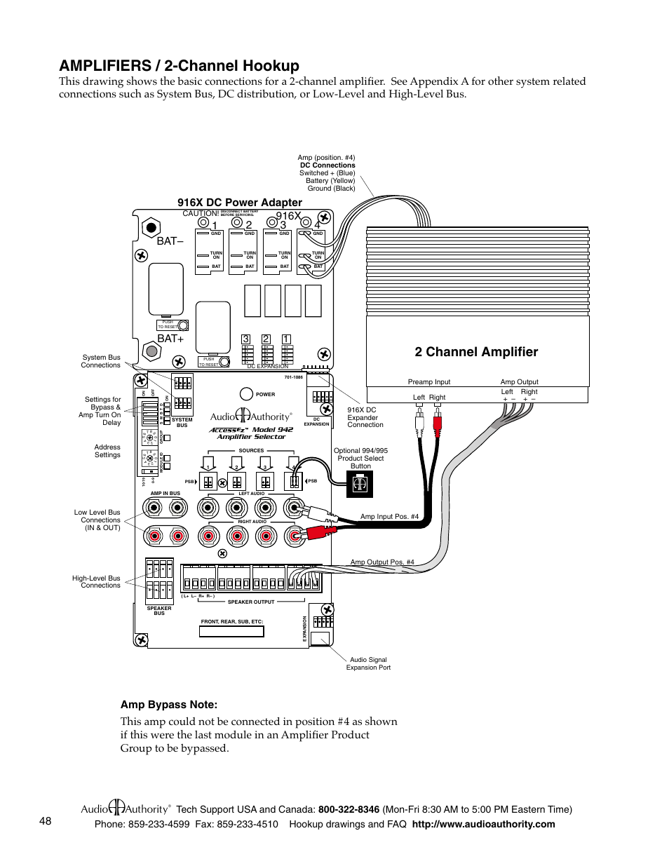 Amplifiers / 2-channel hookup, 2 channel amplifier, 916x | Bat– bat, 916x dc power adapter | Audio Authority Car Audio System User Manual | Page 48 / 55