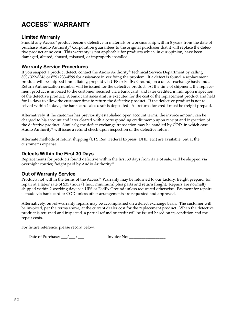 Access, Warranty | Audio Authority Car Audio System User Manual | Page 52 / 55