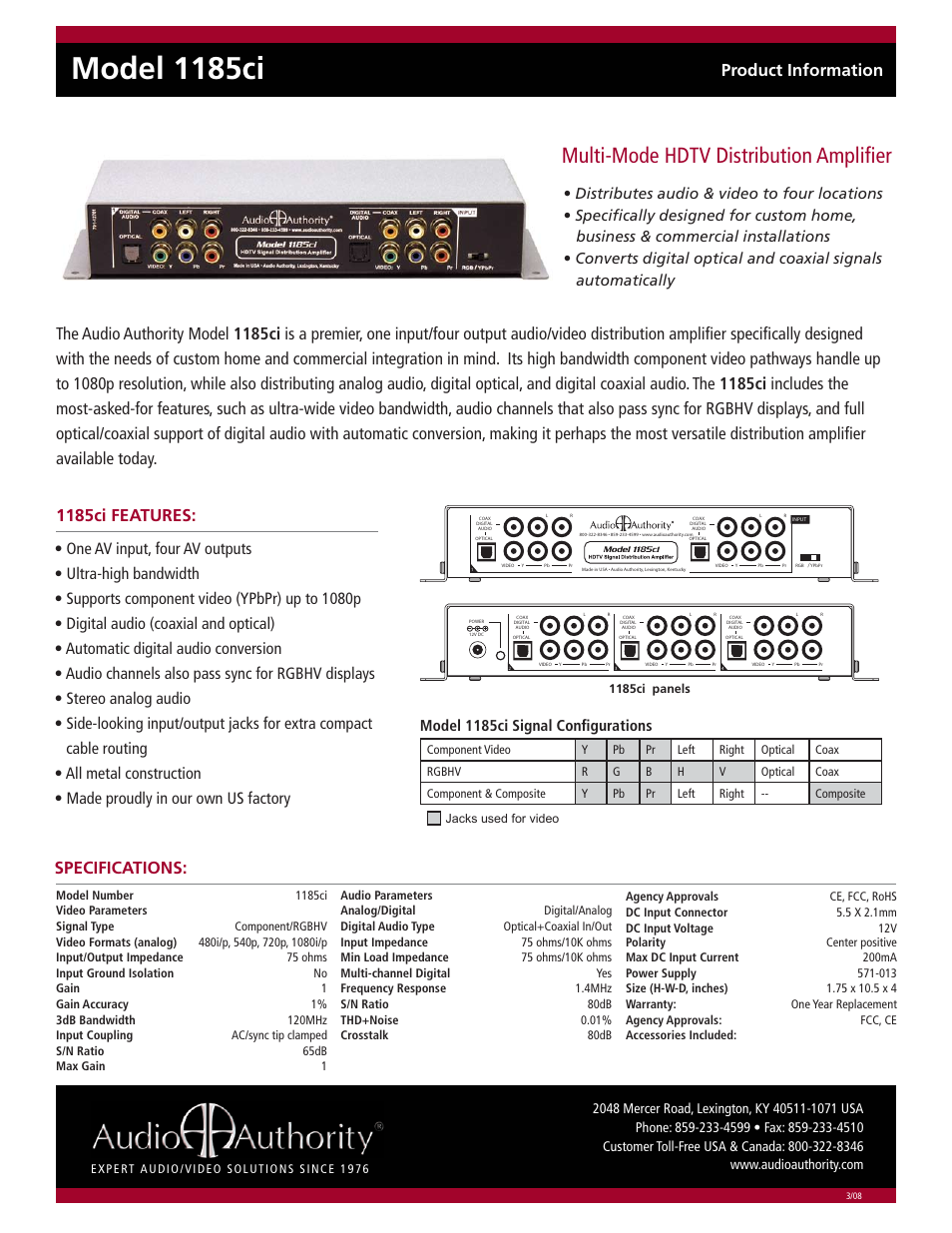 Audio Authority 1185ci User Manual | 1 page