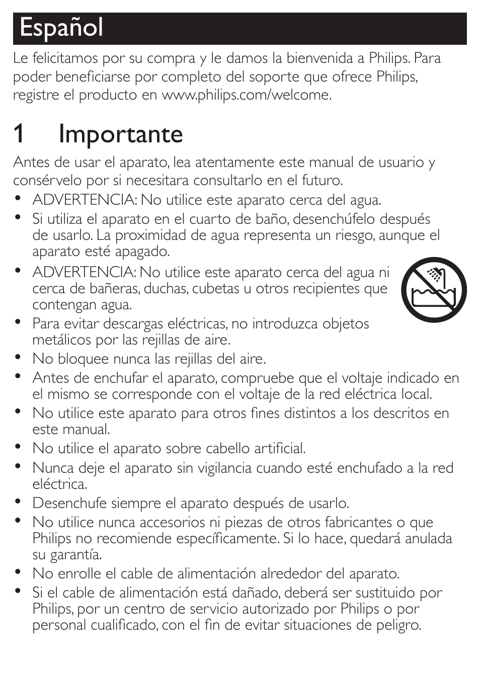 Español, 1 importante | Philips SalonDry Travel Secador de viaje User Manual | Page 3 / 6