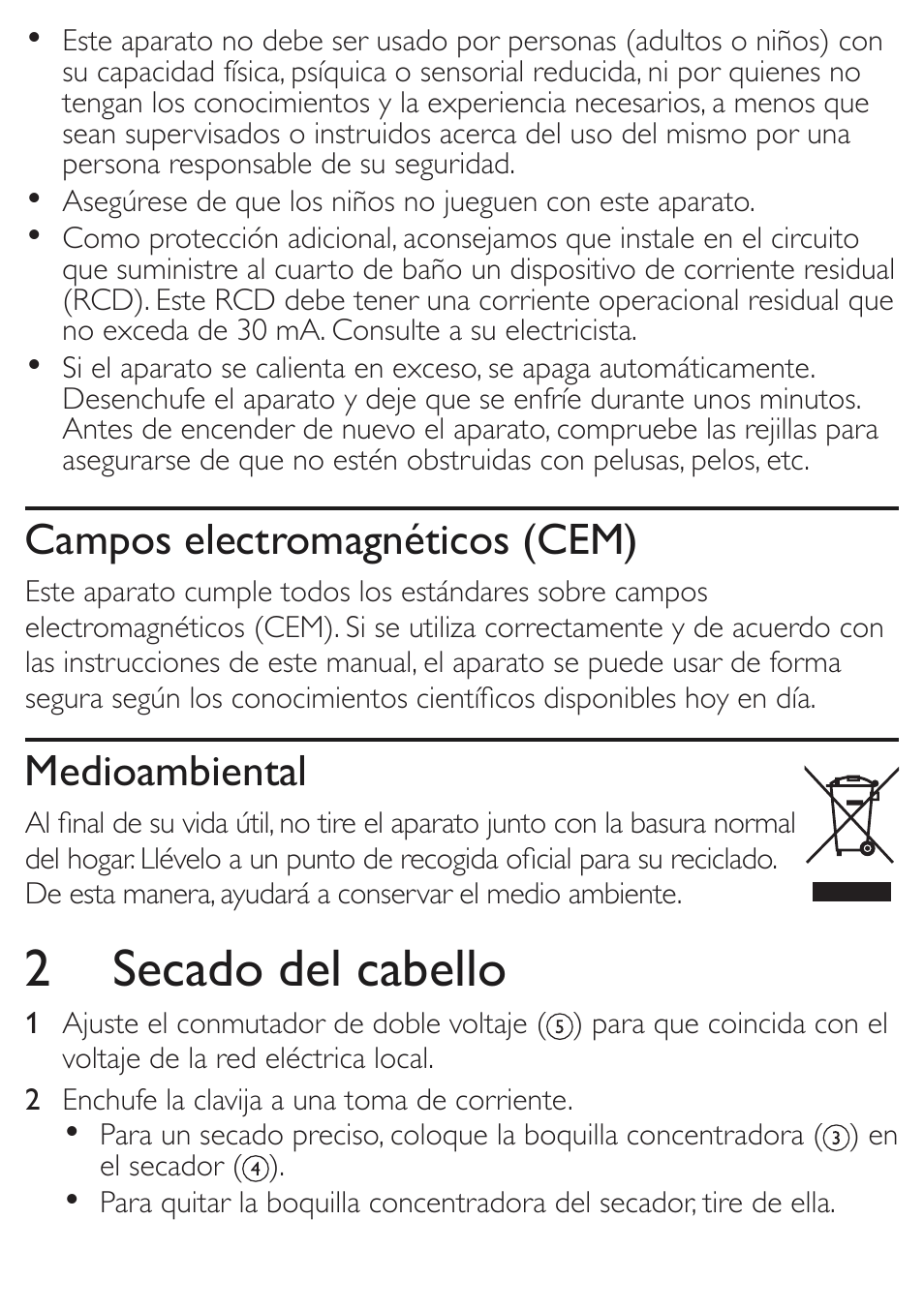 2 secado del cabello, Campos electromagnéticos (cem), Medioambiental | Philips SalonDry Travel Secador de viaje User Manual | Page 4 / 6