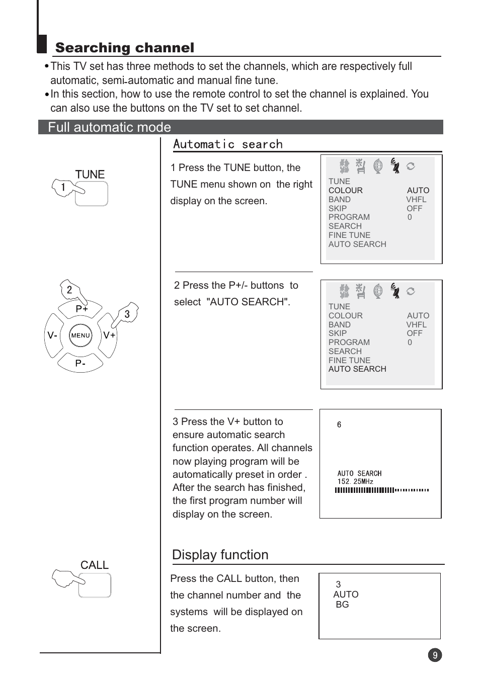 Searching channel, Full automatic mode, Display function | Audix TVD6040 User Manual | Page 10 / 37