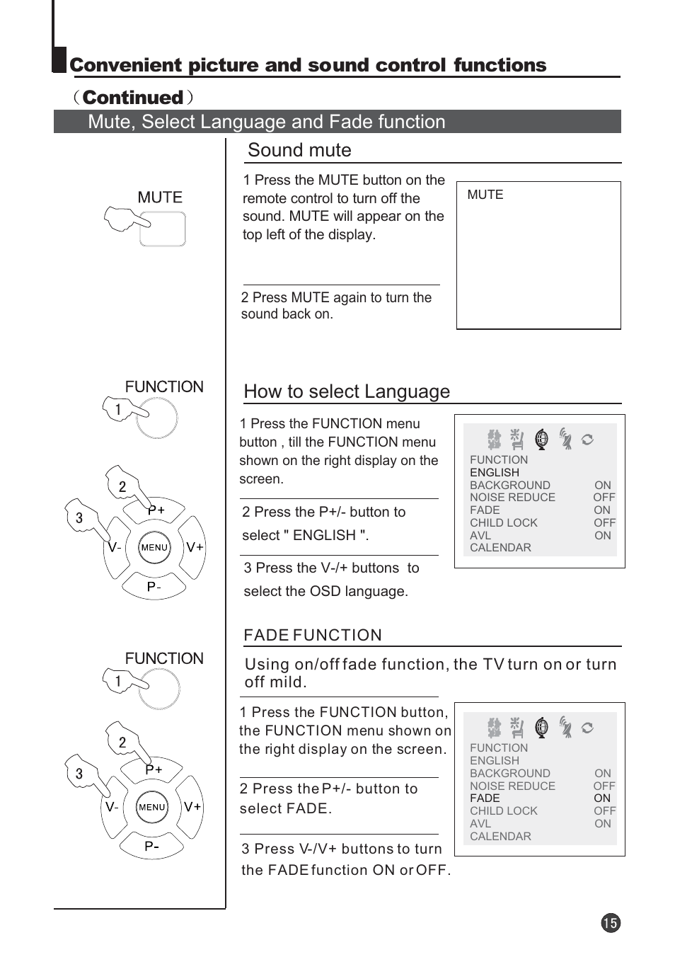 Sound mute, How to select language, Mute, select language and fade function | Audix TVD6040 User Manual | Page 16 / 37