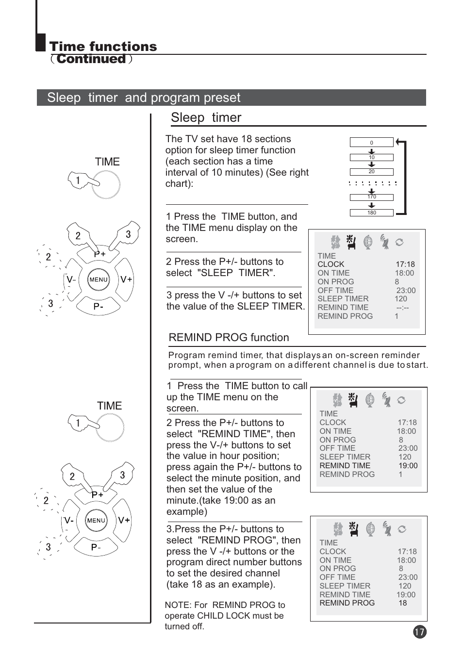 Sleep timer and program preset sleep timer, Time functions continued, Remind prog function | Audix TVD6040 User Manual | Page 18 / 37