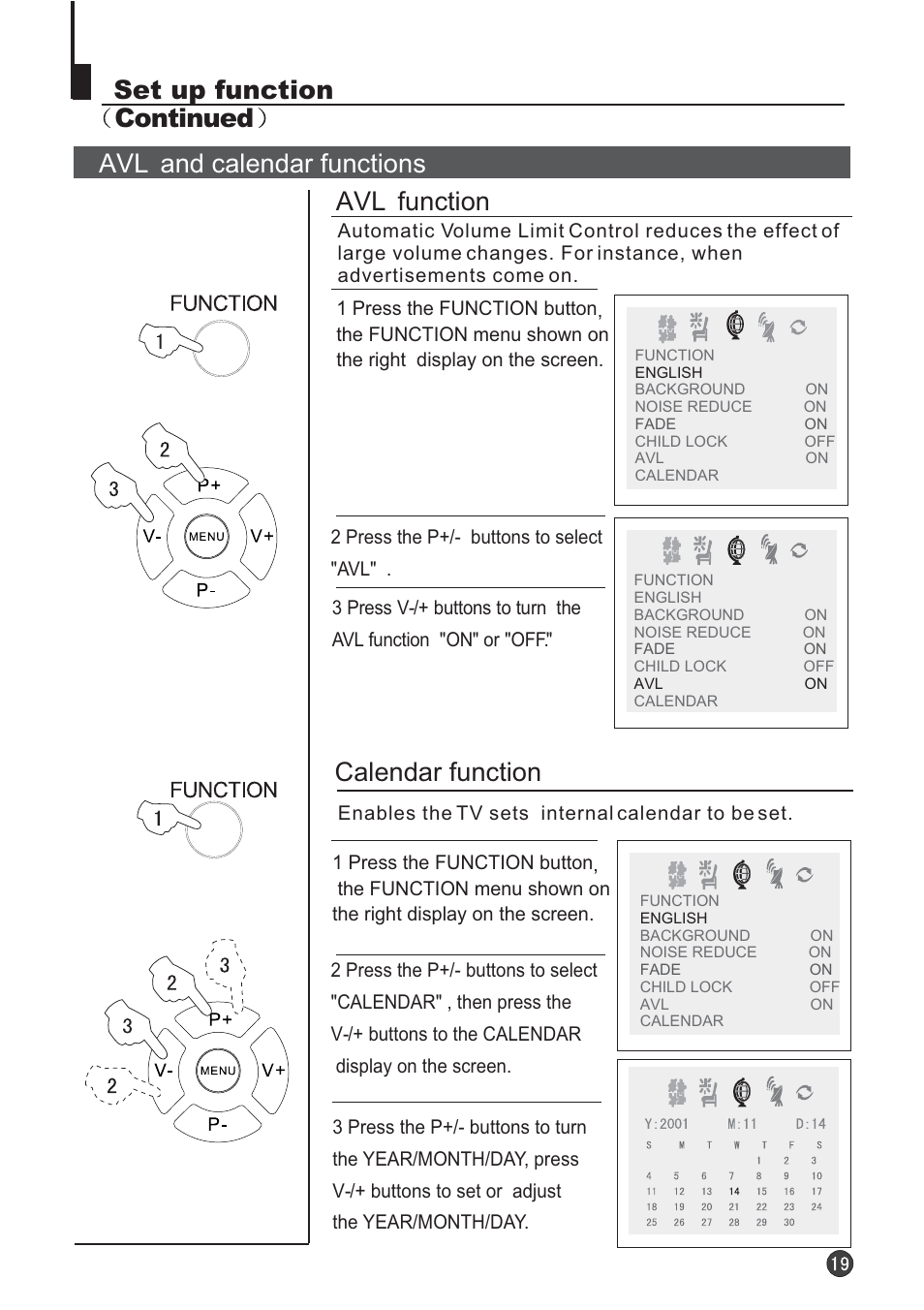 Calendar function, Avl function | Audix TVD6040 User Manual | Page 20 / 37