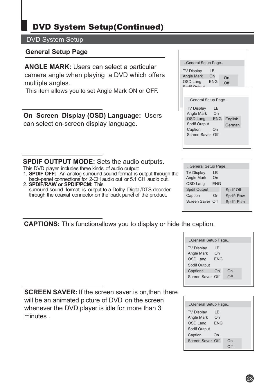Dvd system setup(continued), Spdlf output mode: sets the audio outputs, This item allows you to set angle mark on or off | Audix TVD6040 User Manual | Page 29 / 37