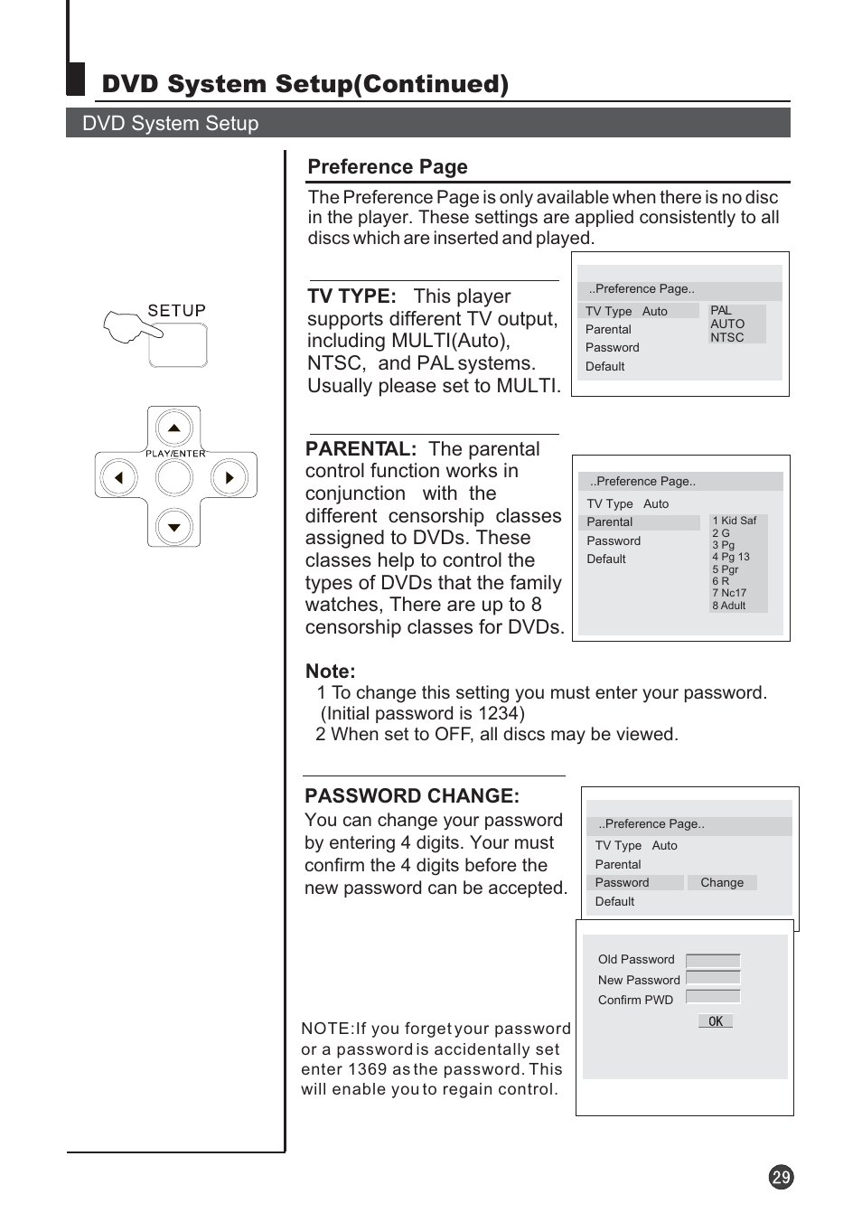 Dvd system setup(continued), Dvd system setup, Password change | Audix TVD6040 User Manual | Page 30 / 37