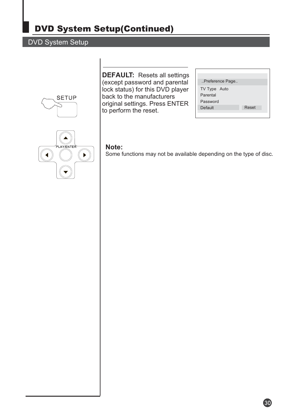 Dvd system setup(continued), Dvd system setup default | Audix TVD6040 User Manual | Page 31 / 37