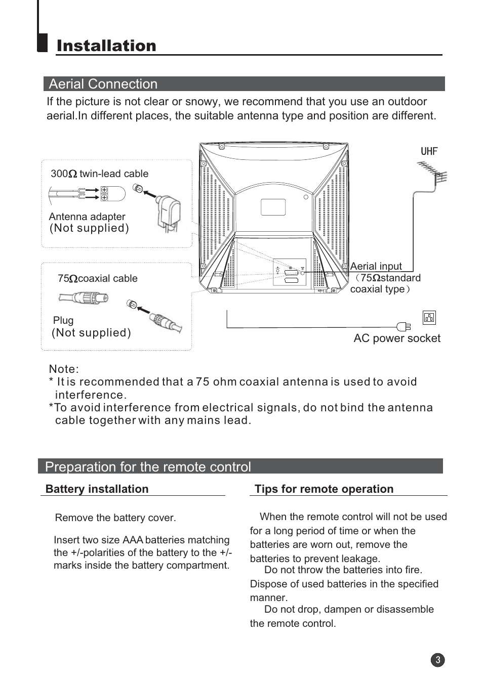 Installation, Aerial connection, Preparation for the remote control | Audix TVD6040 User Manual | Page 4 / 37