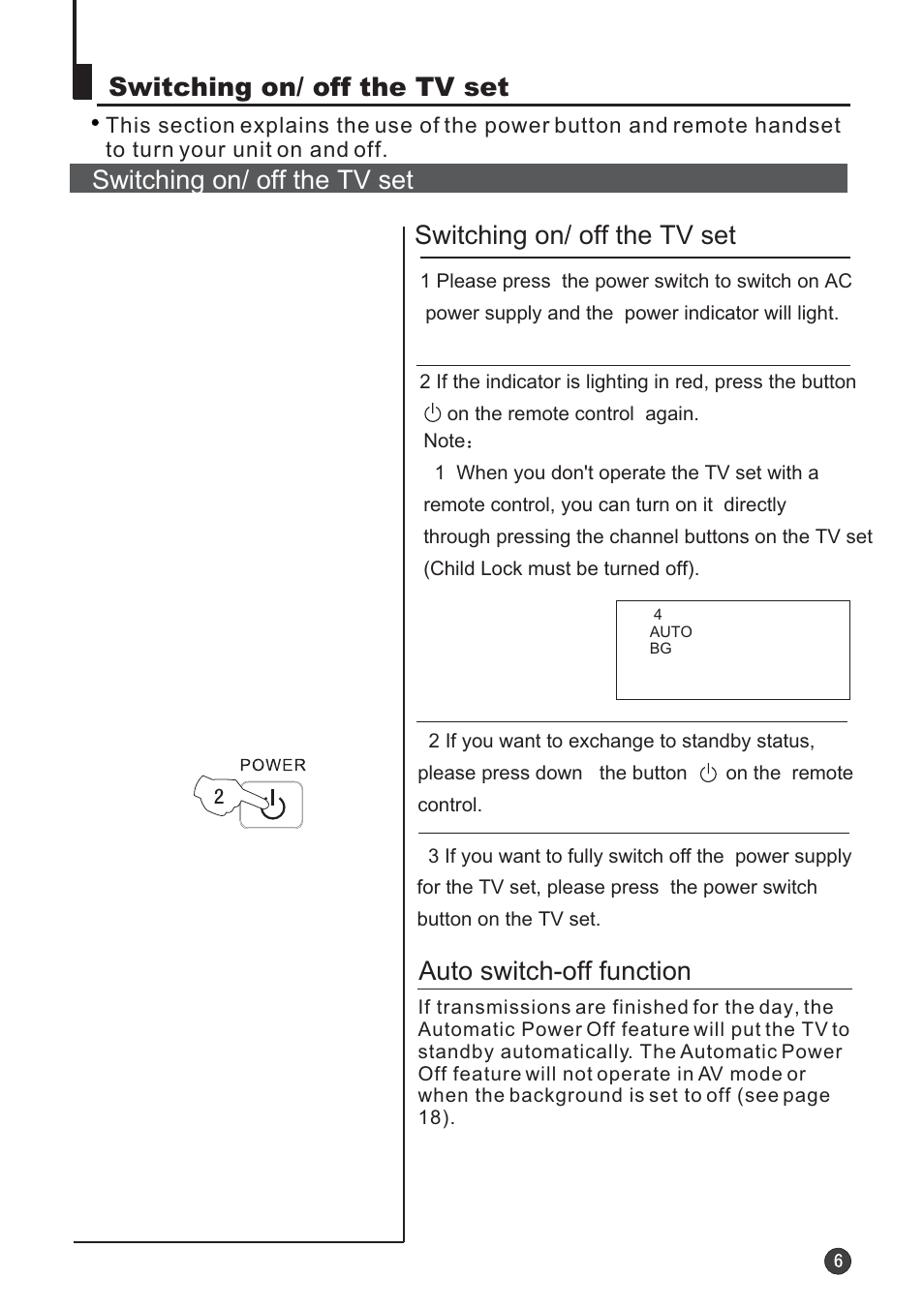 Switching on/ off the tv set, Auto switch-off function | Audix TVD6040 User Manual | Page 7 / 37