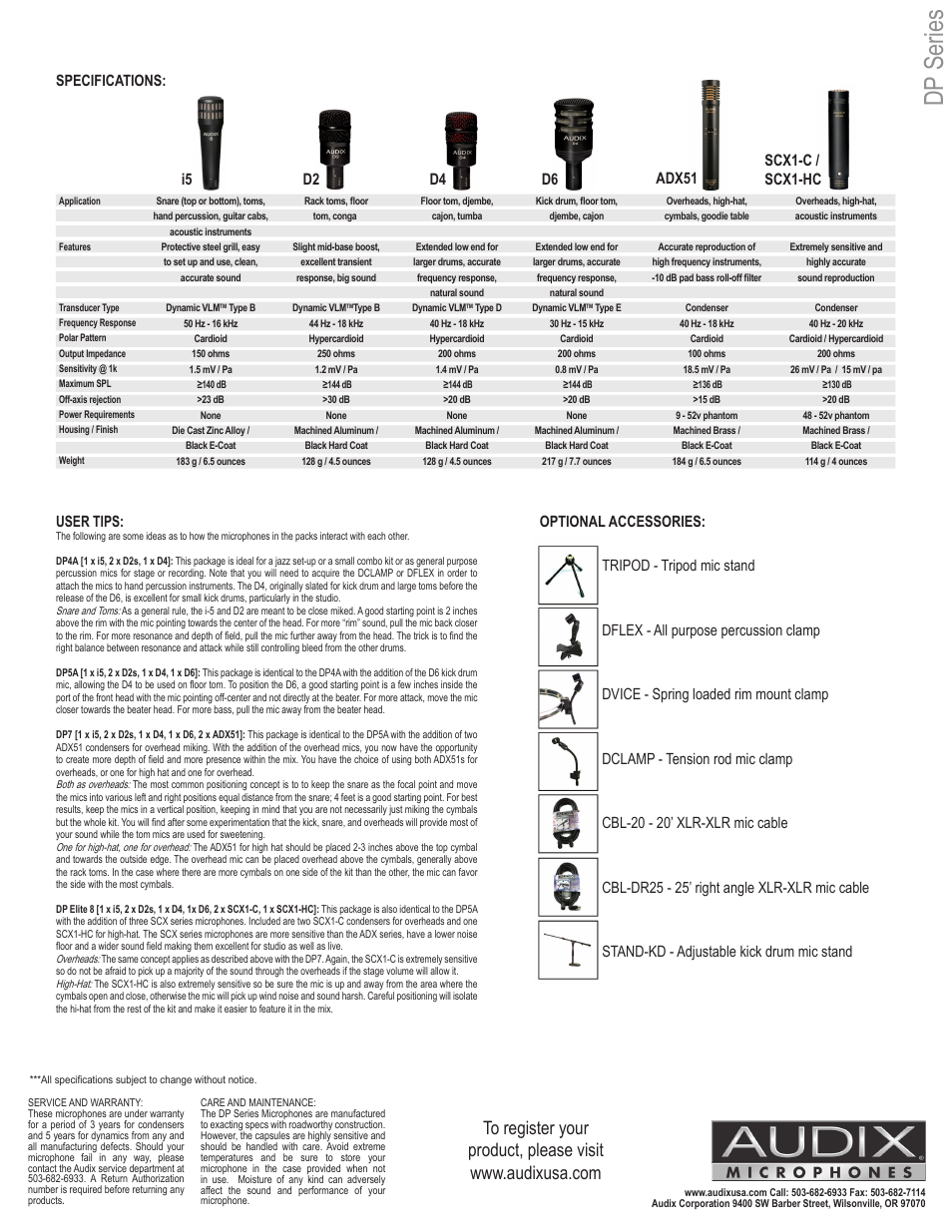 Dp series, Specifications | Audix 4-piece Drum Mic Package DP4a User Manual | Page 2 / 2
