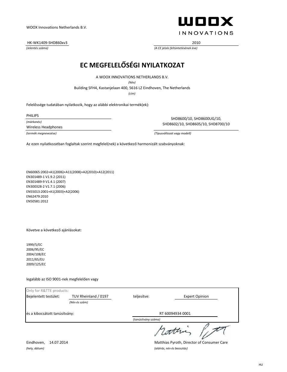 Ec megfelelőségi nyilatkozat | Philips Auricular Hi-Fi inalámbrico User Manual | Page 13 / 21