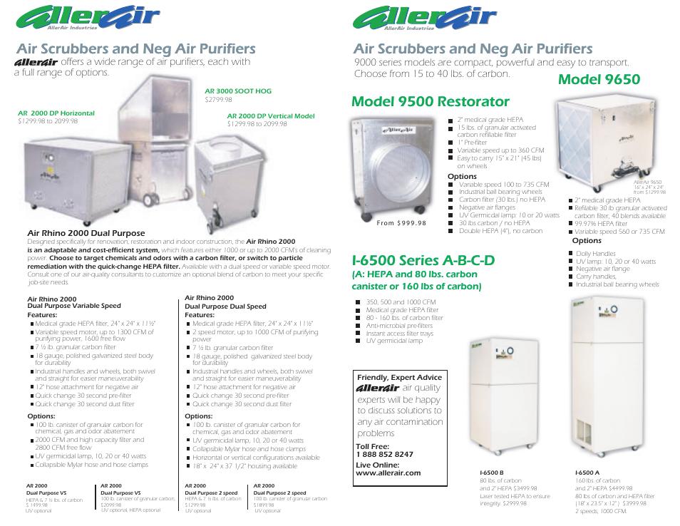 Air scrubbers and neg air purifiers, I-6500 series a-b-c-d, Model 9650 | Offers a wide range of air purifiers, each with | AllerAir 5000 D and DX User Manual | Page 2 / 2