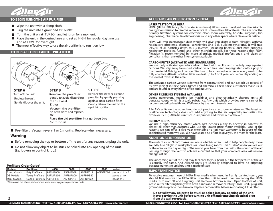 Warning | AllerAir 4000 User Manual | Page 4 / 4