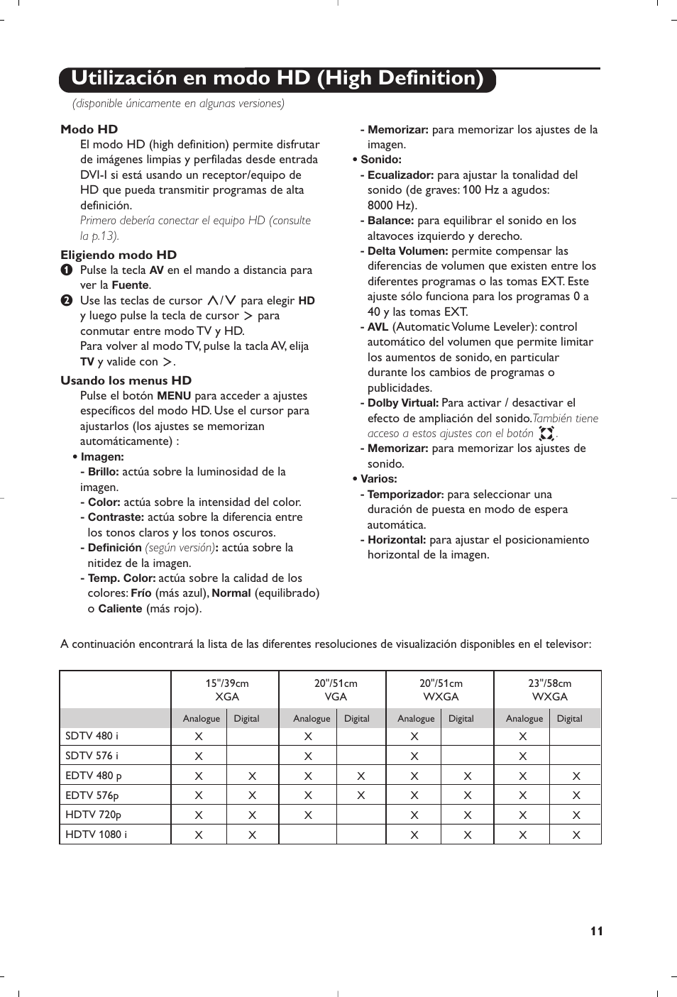 Utilización en modo hd (high definition) | Philips Televisores planos User Manual | Page 12 / 17