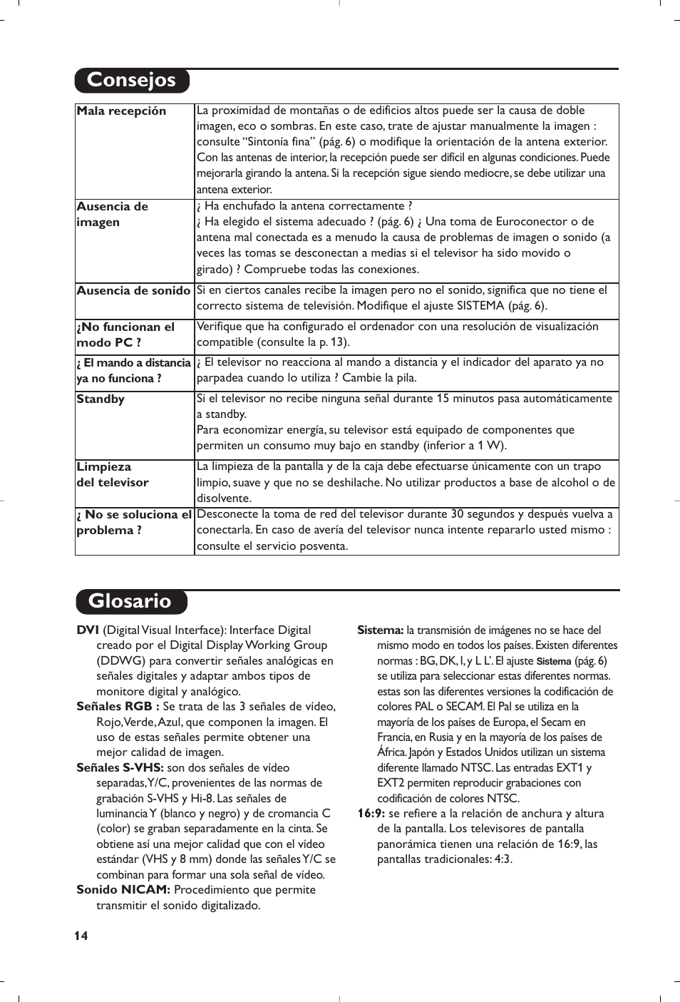 Glosario, Consejos | Philips Televisores planos User Manual | Page 15 / 17