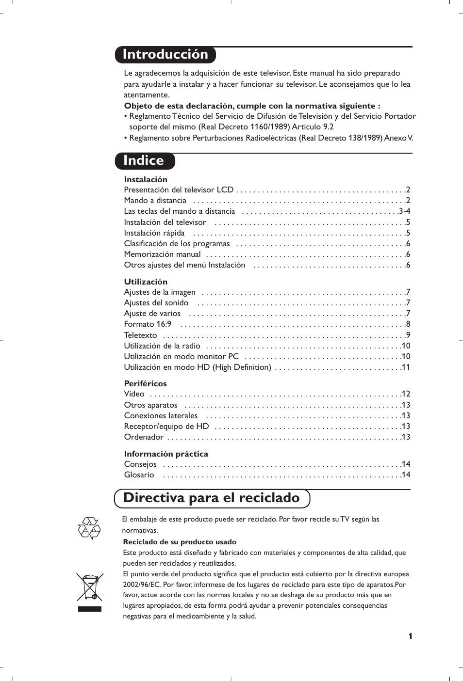 Introducción indice, Directiva para el reciclado | Philips Televisores planos User Manual | Page 2 / 17