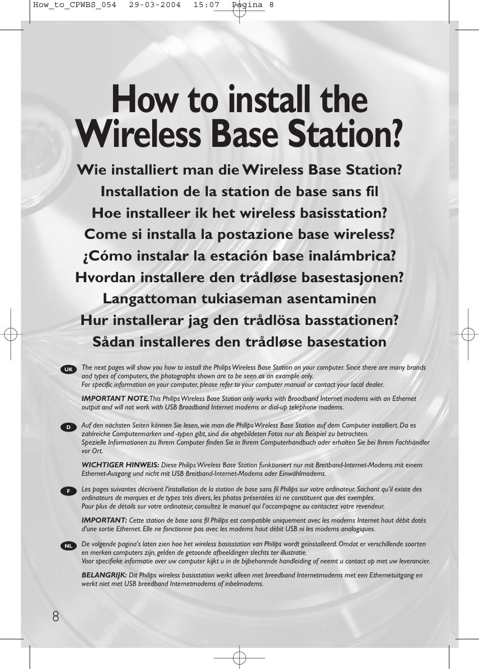 How to install the wireless base station | Philips Estación base inalámbrica User Manual | Page 8 / 80