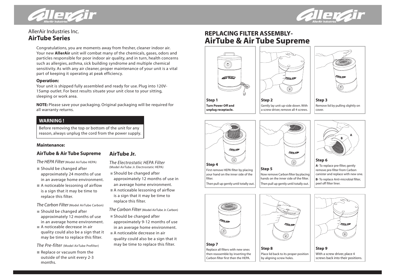 Airtube & air tube supreme, Replacing filter assembly, Airtube series | AllerAir AirTube Supreme User Manual | Page 2 / 2