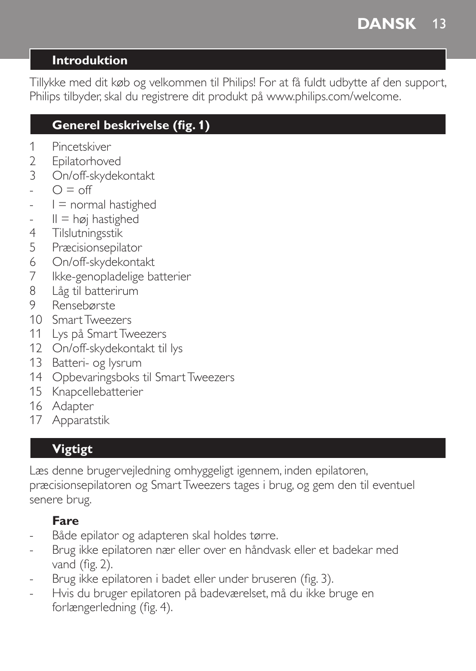 Dansk | Philips Set de depilación de edición limitada User Manual | Page 13 / 104