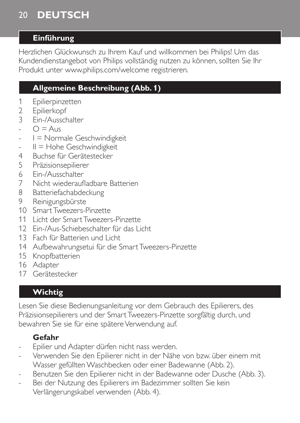 Deutsch, Deutsch 20 | Philips Set de depilación de edición limitada User Manual | Page 20 / 104