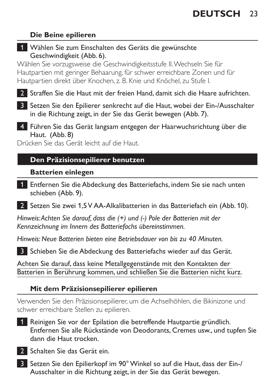 Deutsch | Philips Set de depilación de edición limitada User Manual | Page 23 / 104