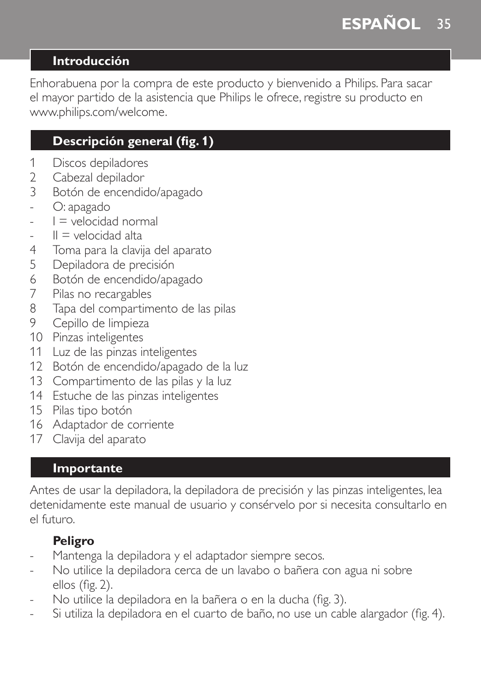 Español | Philips Set de depilación de edición limitada User Manual | Page 35 / 104