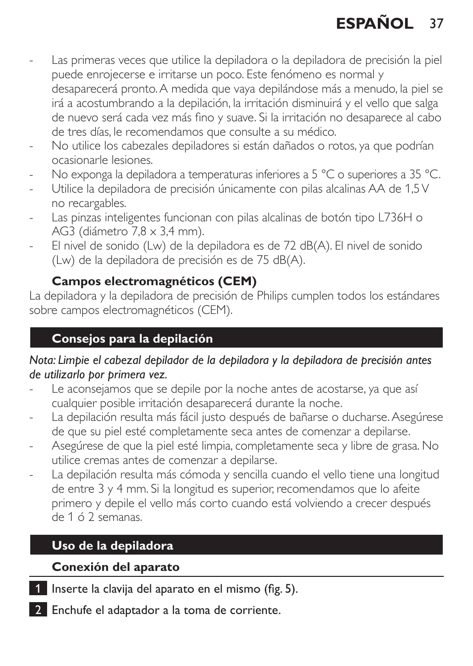 Español | Philips Set de depilación de edición limitada User Manual | Page 37 / 104
