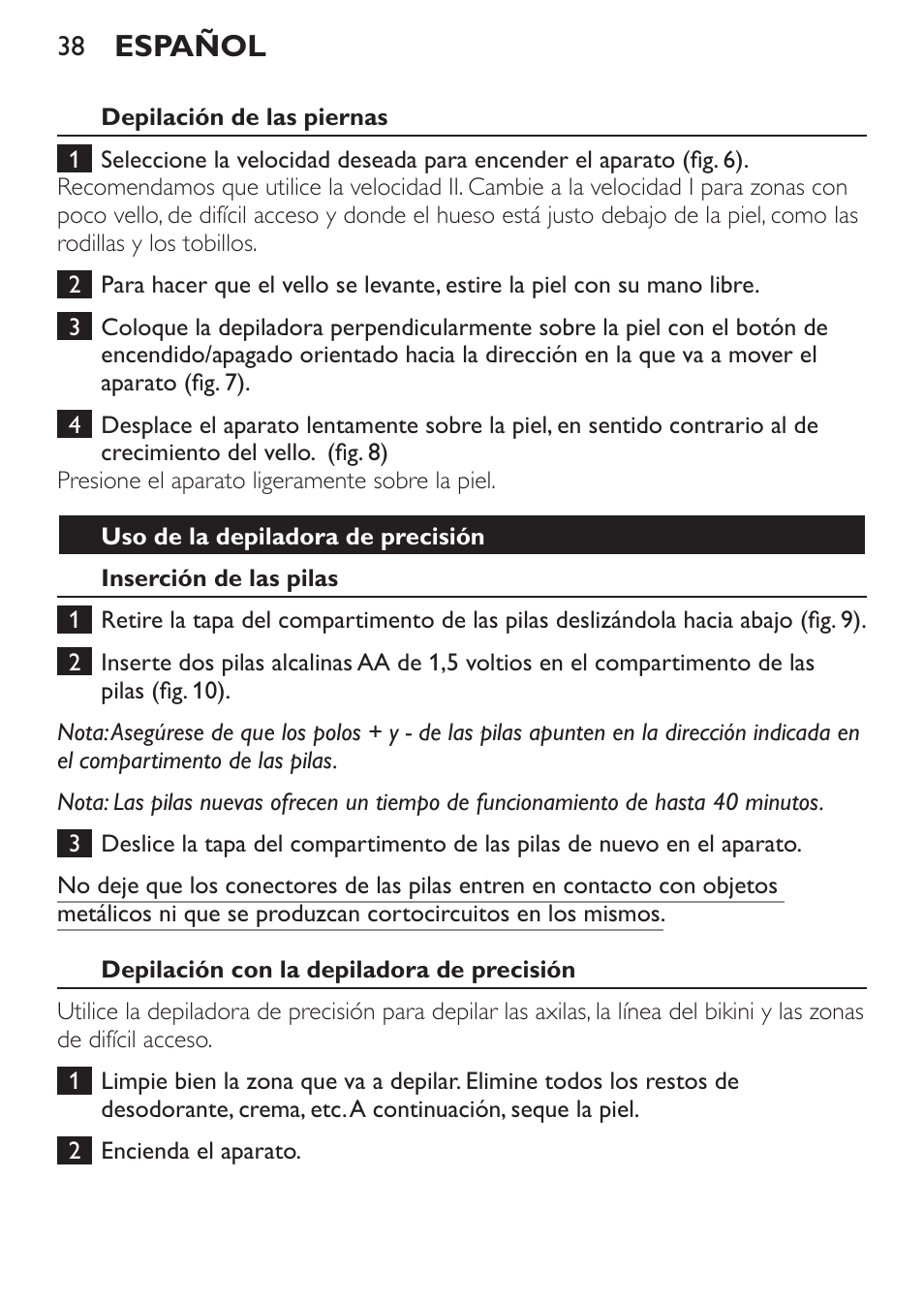 Español | Philips Set de depilación de edición limitada User Manual | Page 38 / 104