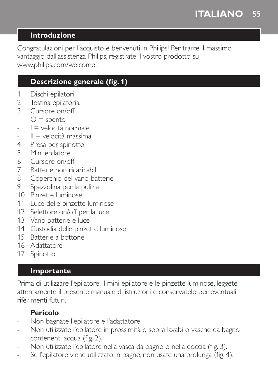 Italiano | Philips Set de depilación de edición limitada User Manual | Page 55 / 104