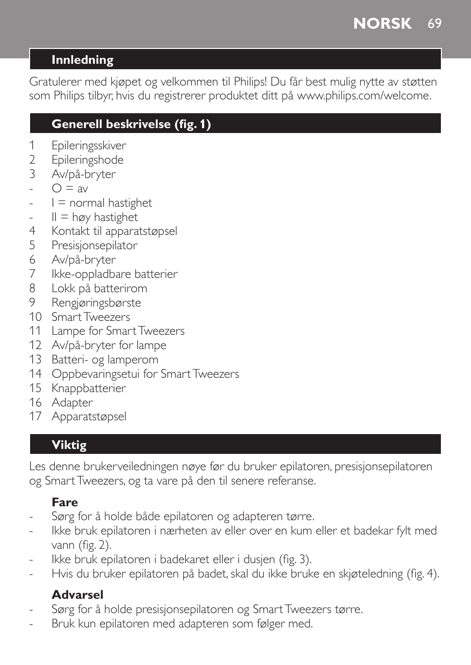 Norsk, Norsk 69 | Philips Set de depilación de edición limitada User Manual | Page 69 / 104