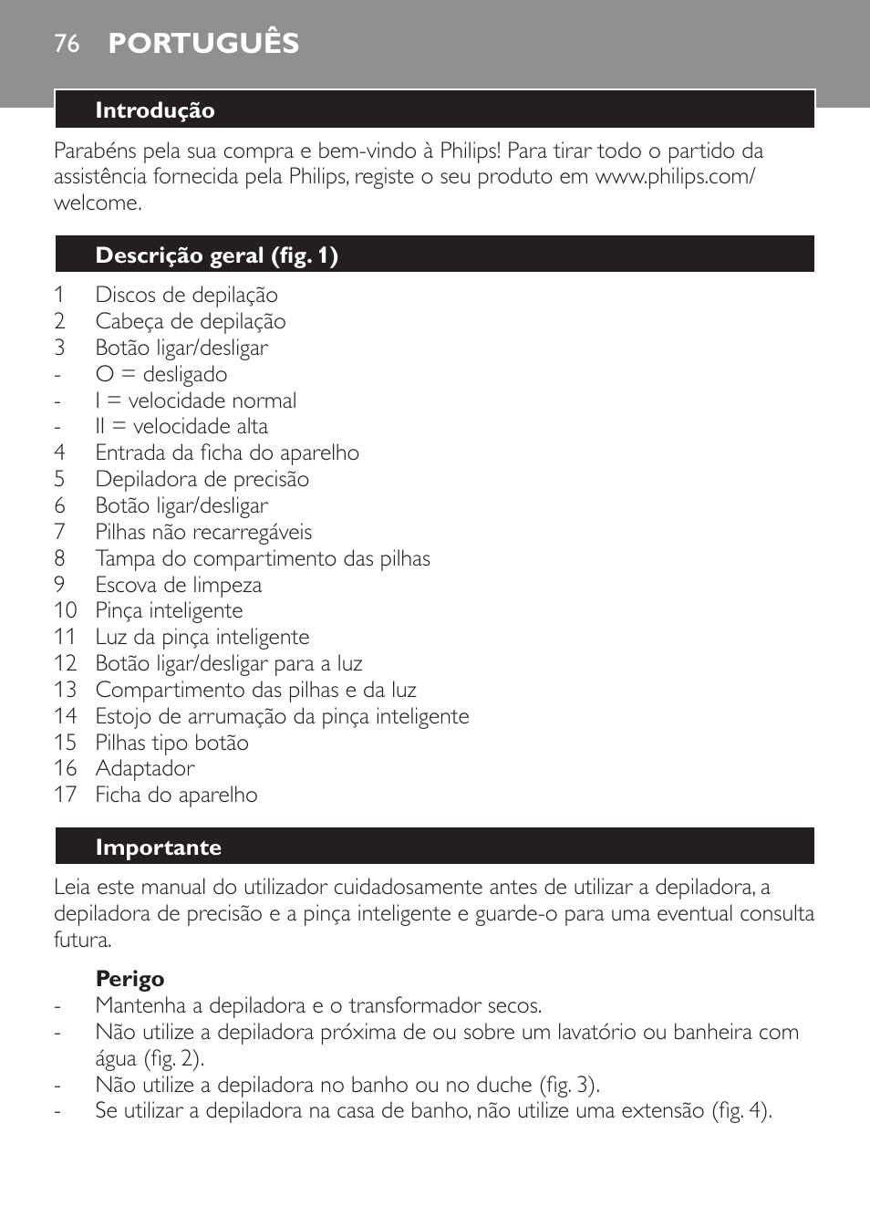 Português | Philips Set de depilación de edición limitada User Manual | Page 76 / 104