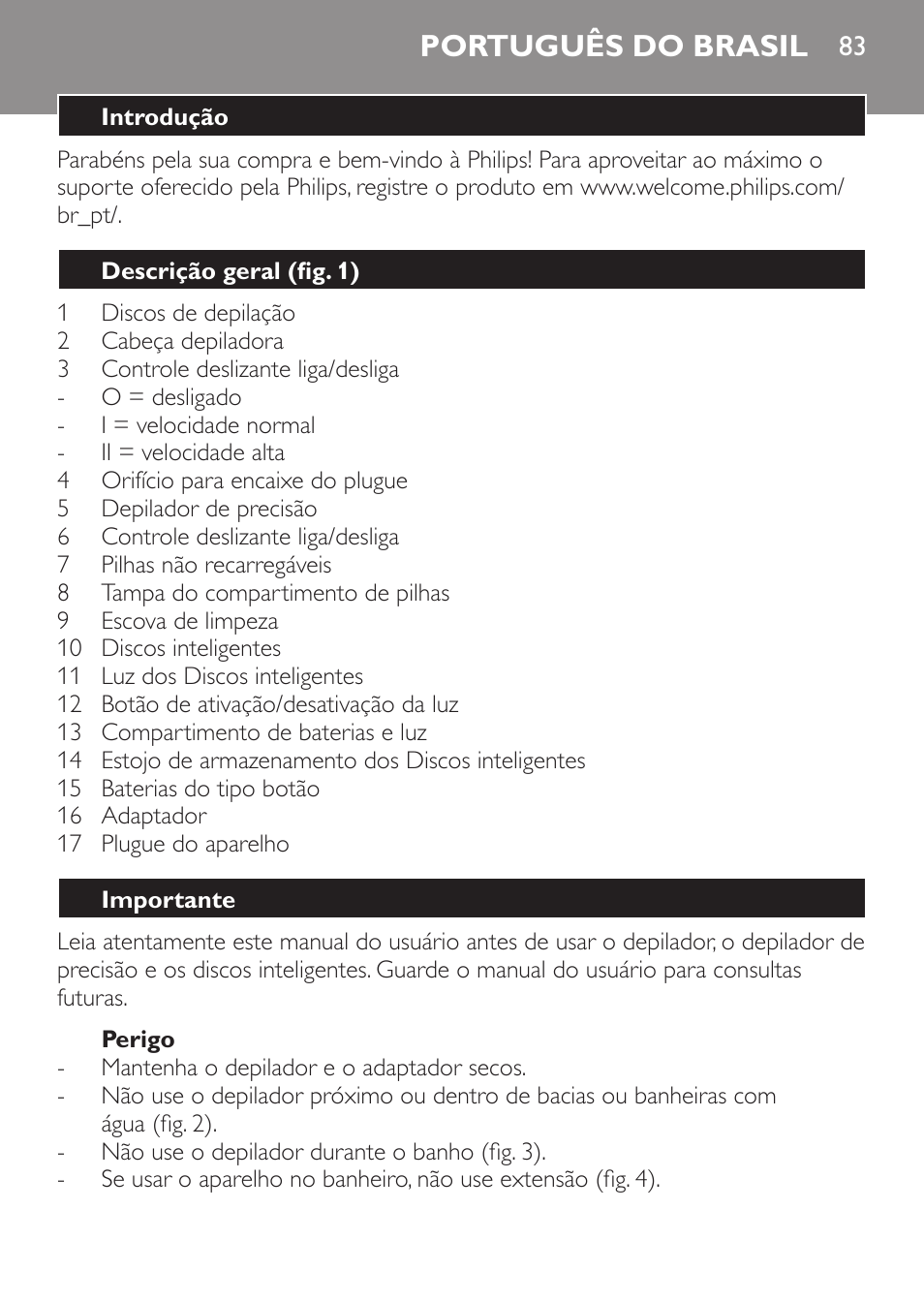 Português do brasil, Português do brasil 83 | Philips Set de depilación de edición limitada User Manual | Page 83 / 104