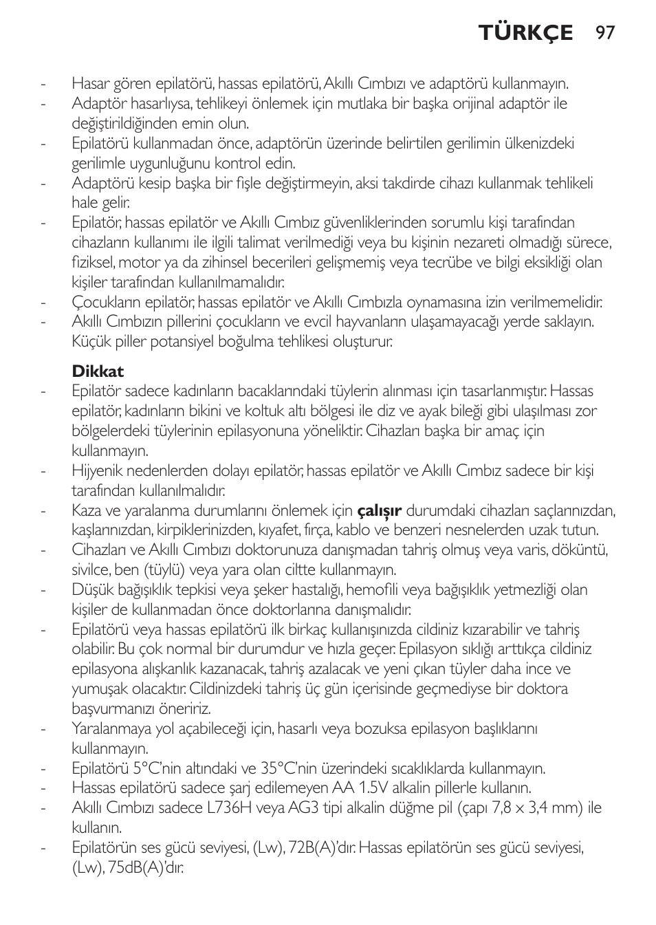 Türkçe | Philips Set de depilación de edición limitada User Manual | Page 97 / 104