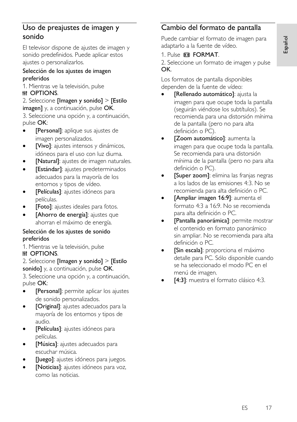 Uso de preajustes de imagen y sonido, Cambio del formato de pantalla | Philips 4000 series Televisor Smart LED 3D ultrafino User Manual | Page 17 / 87