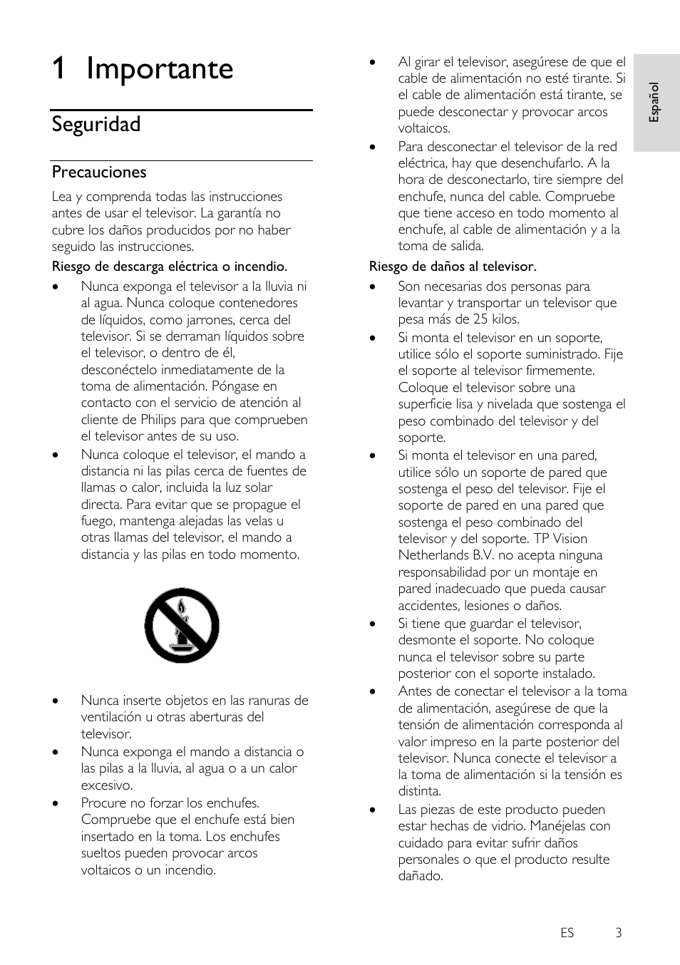 1 importante, Seguridad, Precauciones | Importante | Philips 4000 series Televisor Smart LED 3D ultrafino User Manual | Page 3 / 87