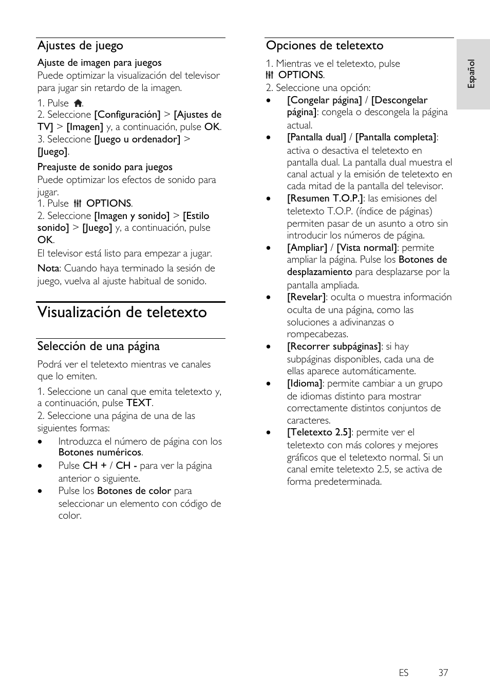 Ajustes de juego, Visualización de teletexto, Opciones de teletexto | Selección de una página | Philips 4000 series Televisor Smart LED 3D ultrafino User Manual | Page 37 / 87
