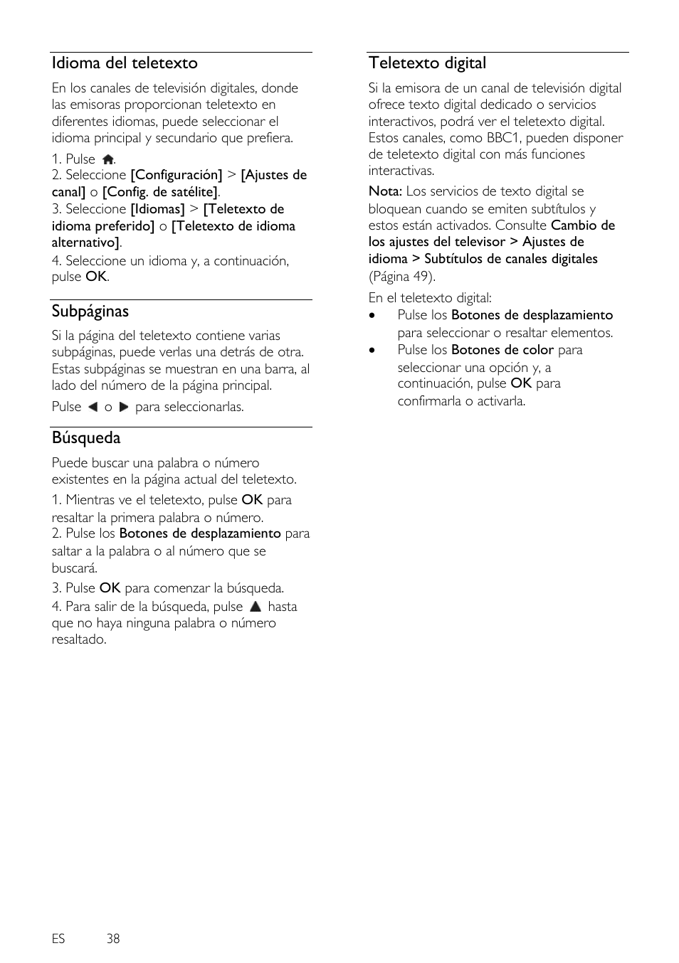 Idioma del teletexto, Búsqueda, Teletexto digital | Subpáginas | Philips 4000 series Televisor Smart LED 3D ultrafino User Manual | Page 38 / 87